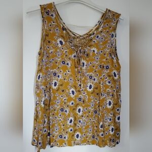Doe & Rae Mustard Floral Lace-Up Swing Tank Top, L/XL, 16-18